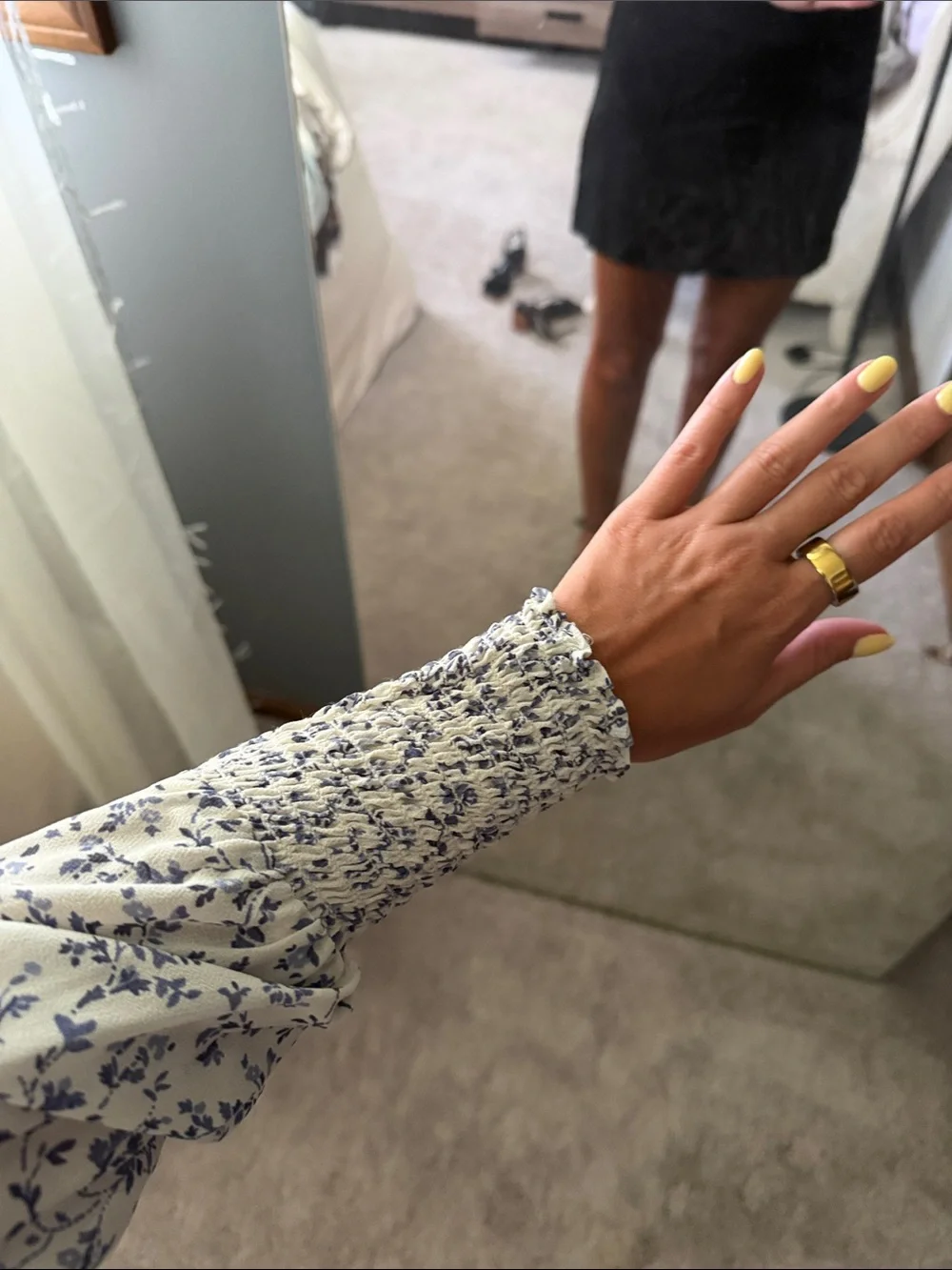 Reformation White and Blue Smocked Floral Square-Neck Top